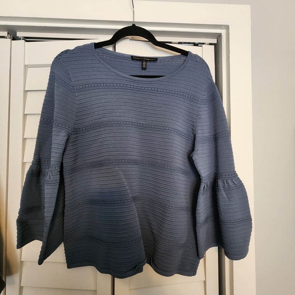 White House Black Market Blue Crew Neck Sweater with Balloon Sleeves